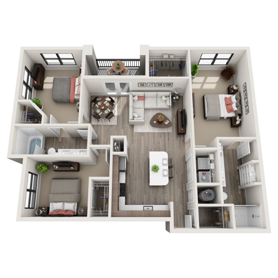 Rendering of the C2 floor plan with 3 bedroom[s] and 2 bathroom[s] at Bainbridge Winter Park