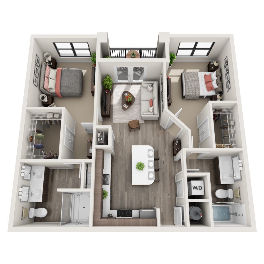 Rendering of the B1 floor plan with 2 bedroom[s] and 2 bathroom[s] at Bainbridge Winter Park
