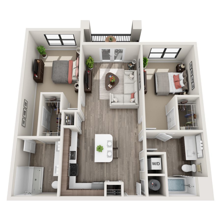 Rendering of the B2 floor plan with 2 bedroom[s] and 2 bathroom[s] at Bainbridge Winter Park