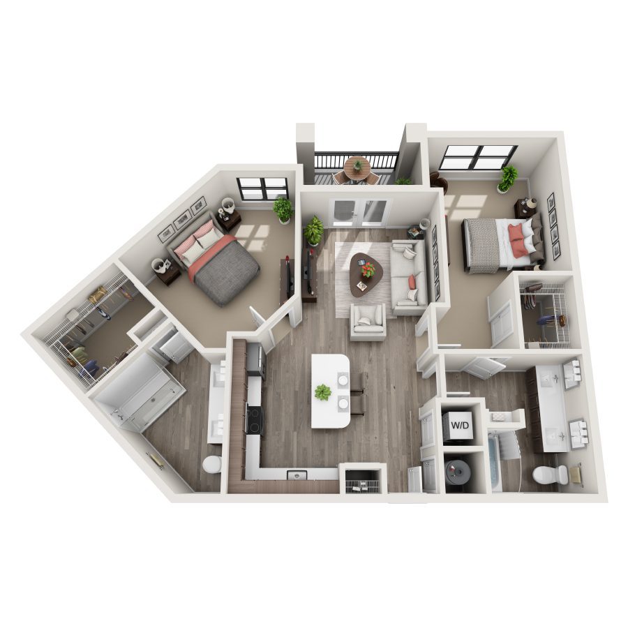 Rendering of the B3 floor plan with 2 bedroom[s] and 2 bathroom[s] at Bainbridge Winter Park