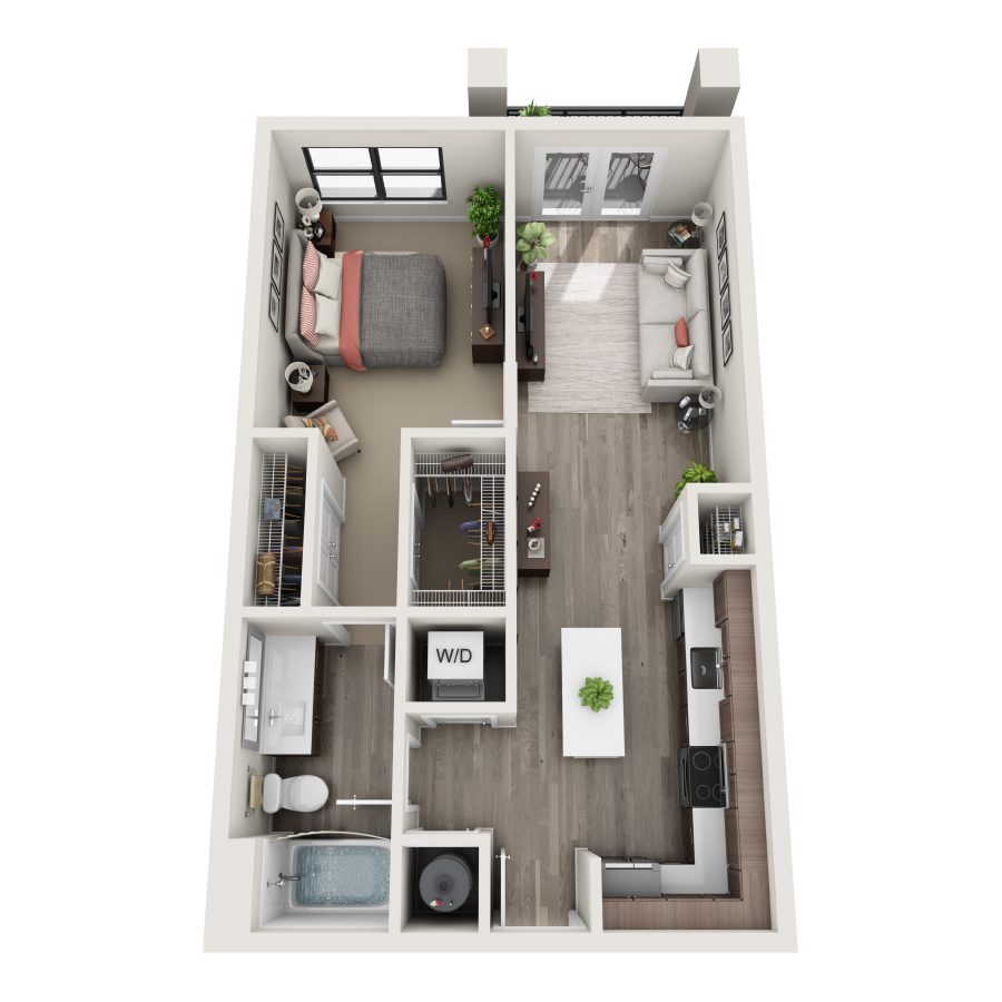 Rendering of the A1 floor plan with 1 bedroom[s] and 1 bathroom[s] at Bainbridge Winter Park