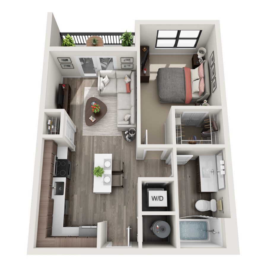 Rendering of the J1 floor plan with 1 bedroom[s] and 1 bathroom[s] at Bainbridge Winter Park