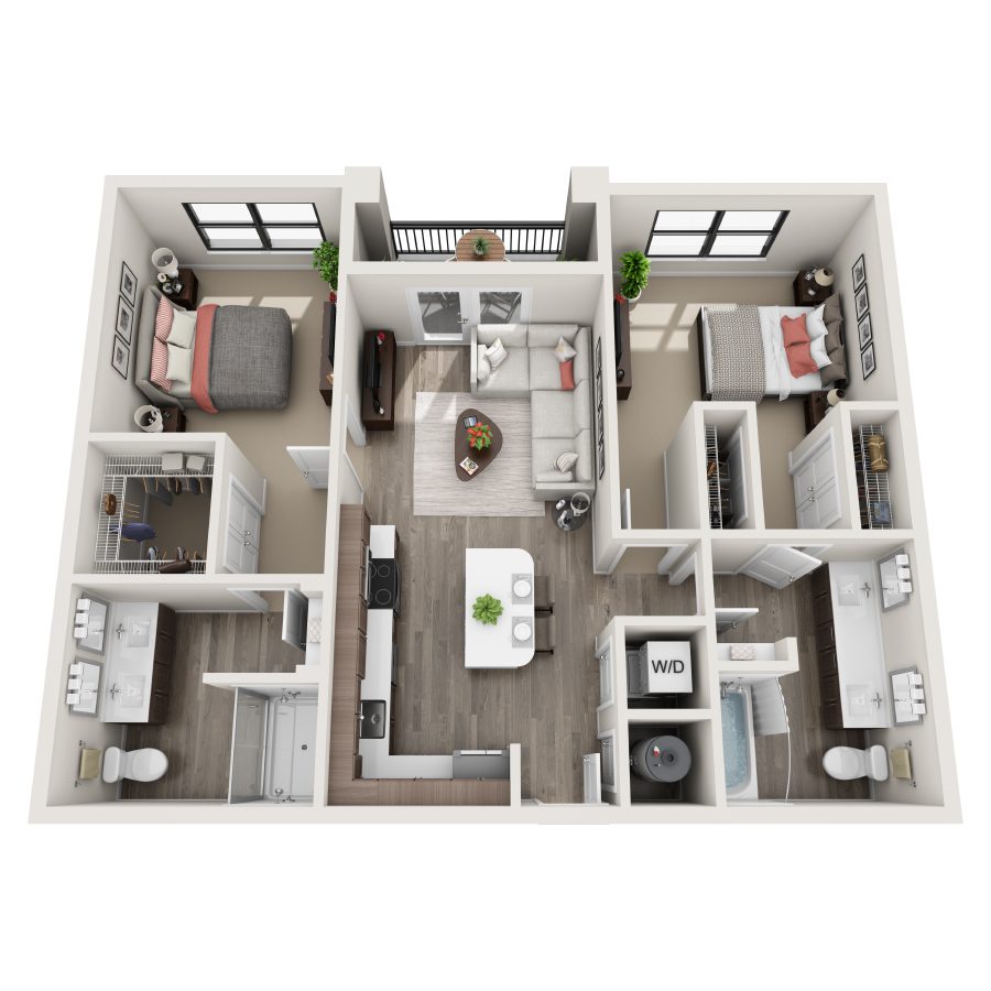 Rendering of the B4 floor plan with 2 bedroom[s] and 2 bathroom[s] at Bainbridge Winter Park